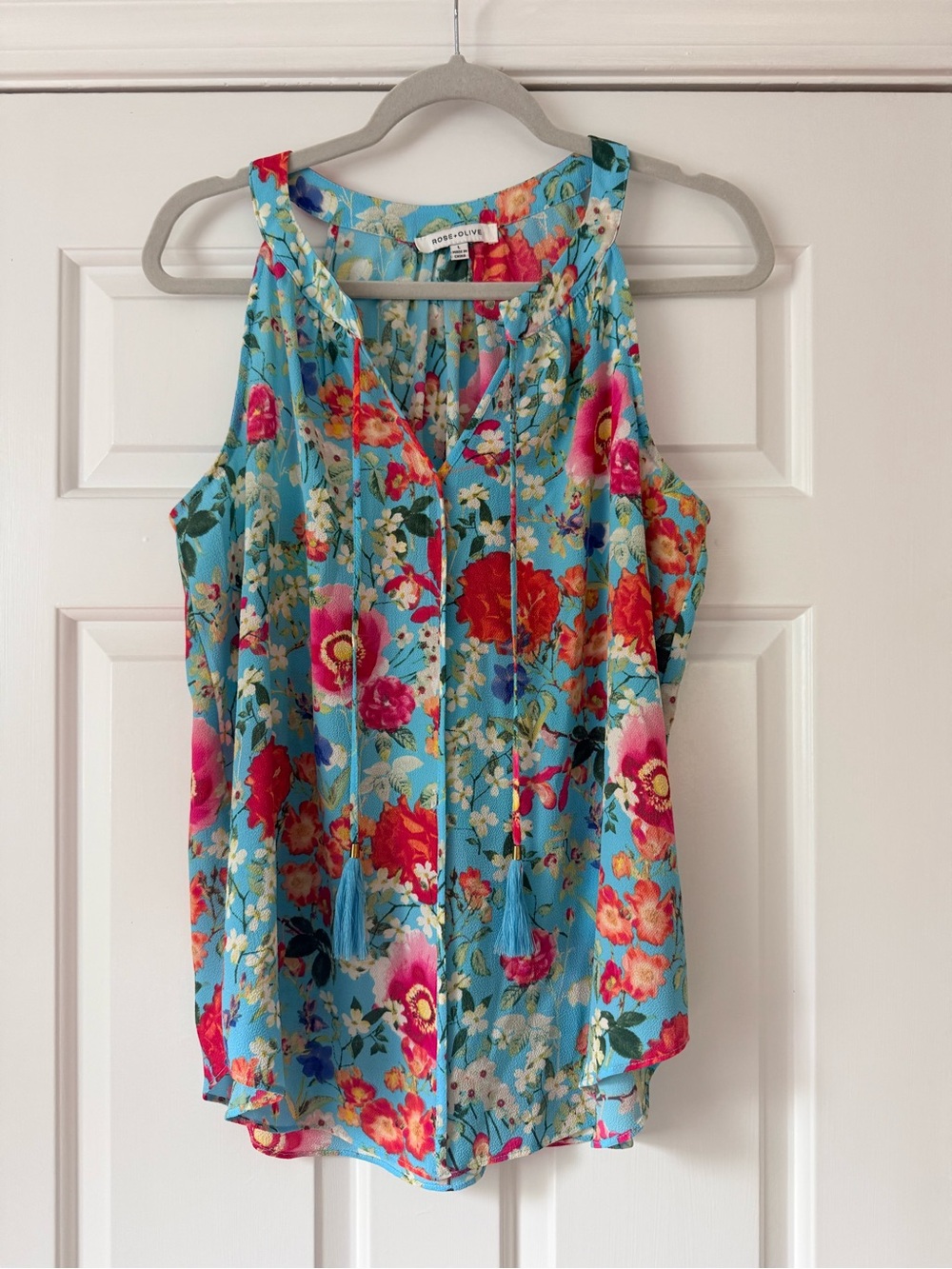 Rose & Olive Turquoise Floral Tassel Camisole